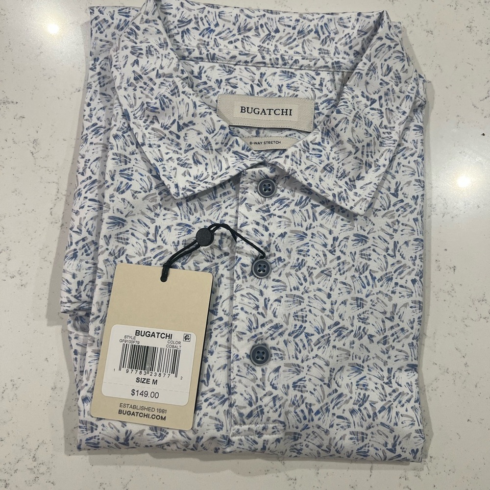 Bugatchi Men's Blue and White Patterned Shirt
